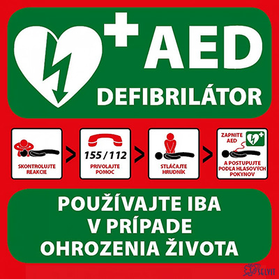 Tabuľa prvej pomoci použitia AED defibrilátora